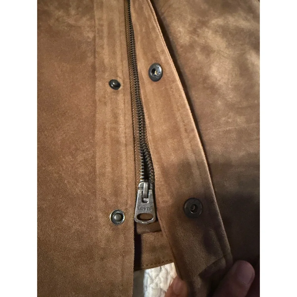 Levis Mens Faux Suede Trucker Jacket Brown Zip Front Snap Shirt Jacket Medium - Picture 6 of 13